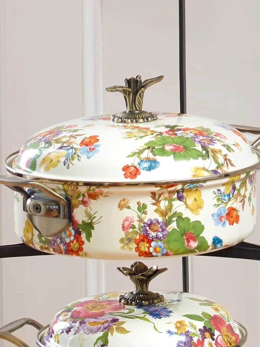 Floral Enamel Covered Casserole Dish - White with Multicolor Flowers